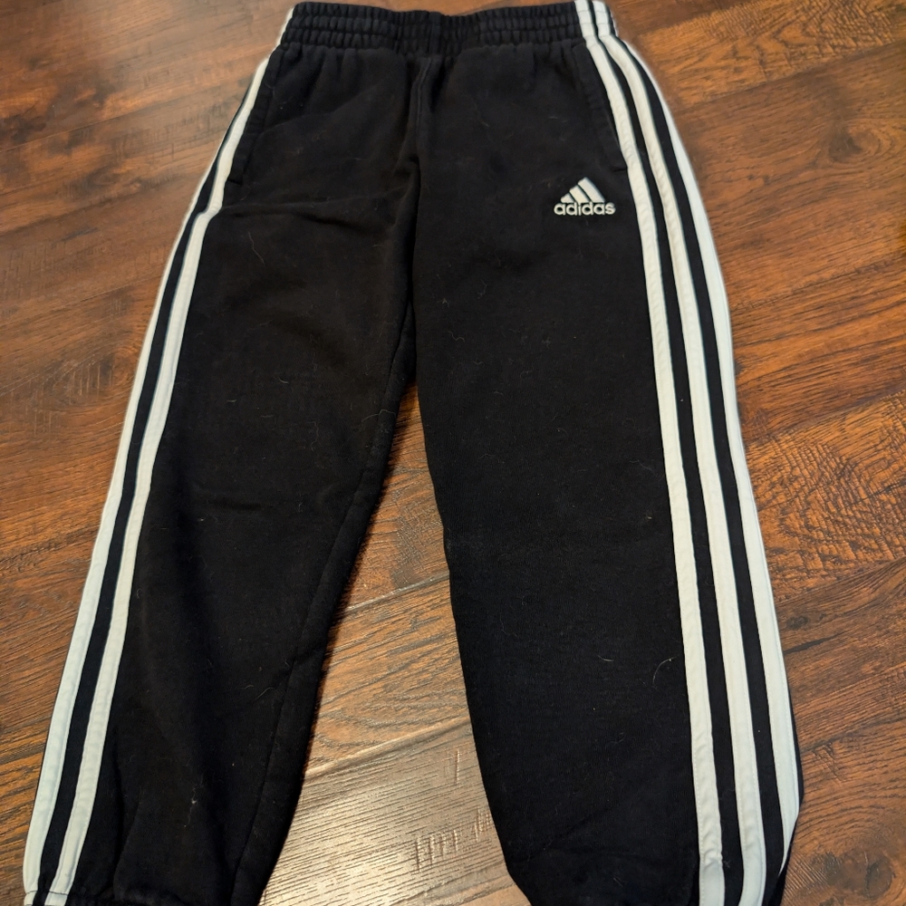 Adidas Kids Black Joggers/Sweatpants with White Stripes Size Small EUC